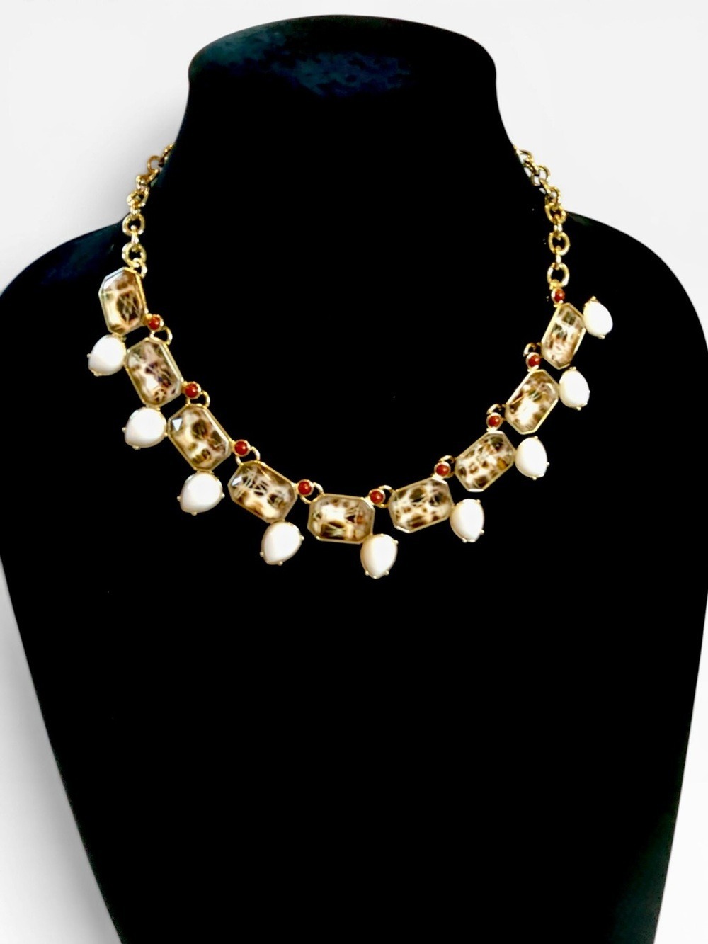 Lee Angel Gold Tone Animal Print Statement Necklace White Drops Red Beads